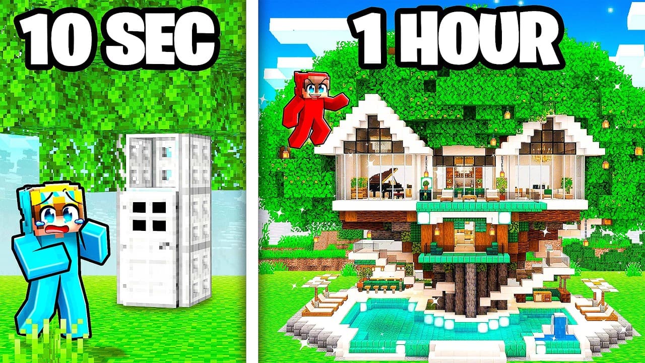 10 Seconds vs 1 Hour MODERN TREE HOUSE Build Challenge!