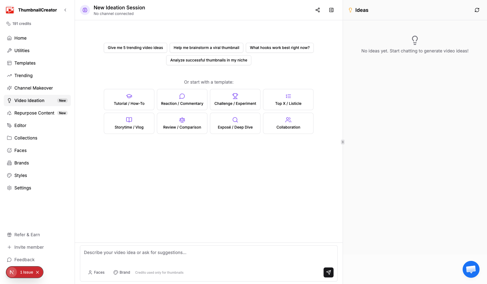 Ideation chat interface showing a conversation with generated video ideas
